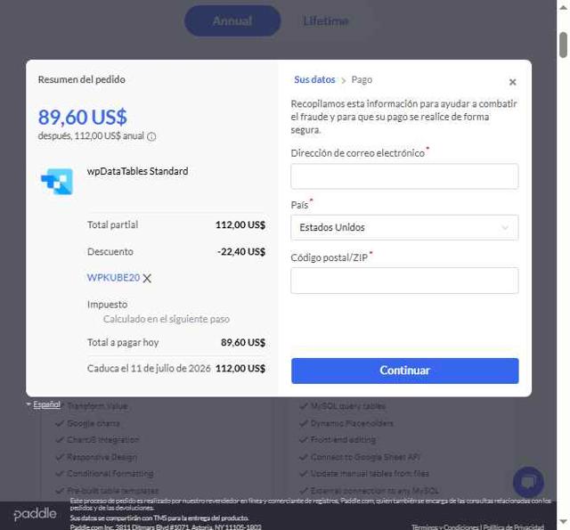 wpDataTables checkout page showing wpDataTables promo code box | Screenshot taken by SimplyCodes community member on Jul 11, 2025