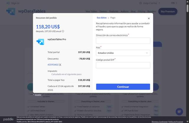 wpDataTables checkout page showing wpDataTables promo code box | Screenshot taken by SimplyCodes community member on Aug 23, 2025