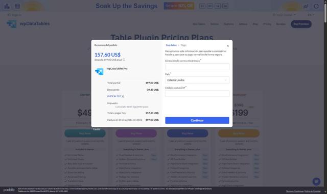 wpDataTables checkout page showing wpDataTables promo code box | Screenshot taken by SimplyCodes community member on Aug 23, 2025