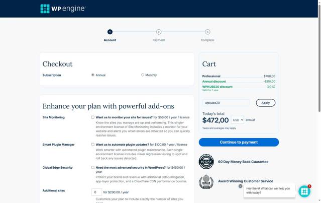 WP Engine checkout page showing WP Engine coupon code box | Screenshot taken by SimplyCodes community member on May 19, 2025