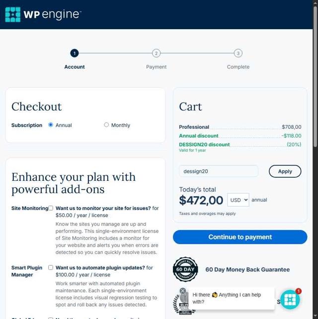 WP Engine checkout page showing WP Engine coupon code box | Screenshot taken by SimplyCodes community member on May 21, 2025