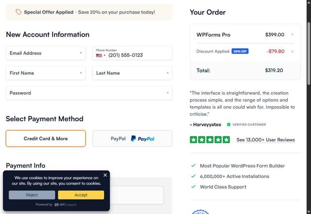 WPForms checkout page showing WPForms promo code box | Screenshot taken by SimplyCodes community member on Sep 2, 2025