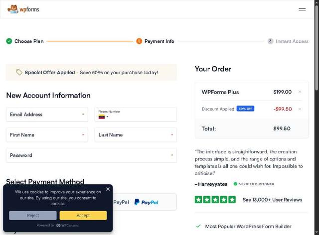 WPForms checkout page showing WPForms promo code box | Screenshot taken by SimplyCodes community member on Sep 2, 2025