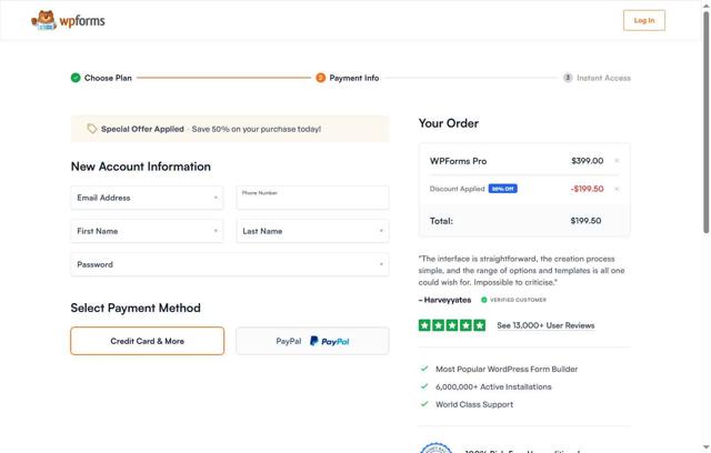 WPForms checkout page showing WPForms promo code box | Screenshot taken by SimplyCodes community member on Aug 1, 2025
