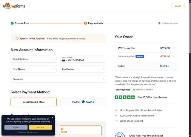 WPForms checkout page showing WPForms promo code box | Screenshot taken by SimplyCodes community member on Jul 22, 2025