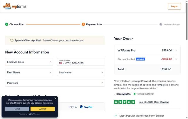WPForms checkout page showing WPForms promo code box | Screenshot taken by SimplyCodes community member on Sep 2, 2025