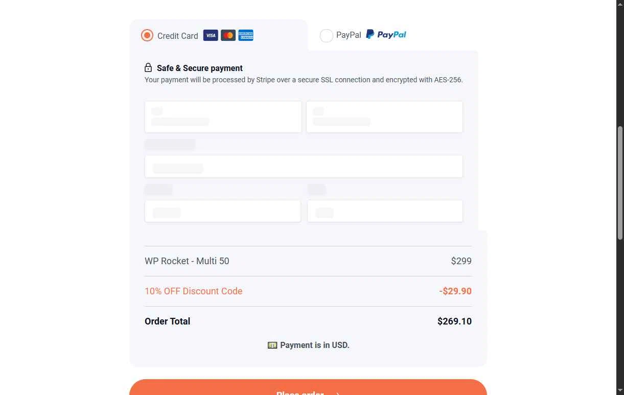 WP Rocket checkout page showing WP Rocket coupon code box | Screenshot taken by SimplyCodes community member on Nov 10, 2025
