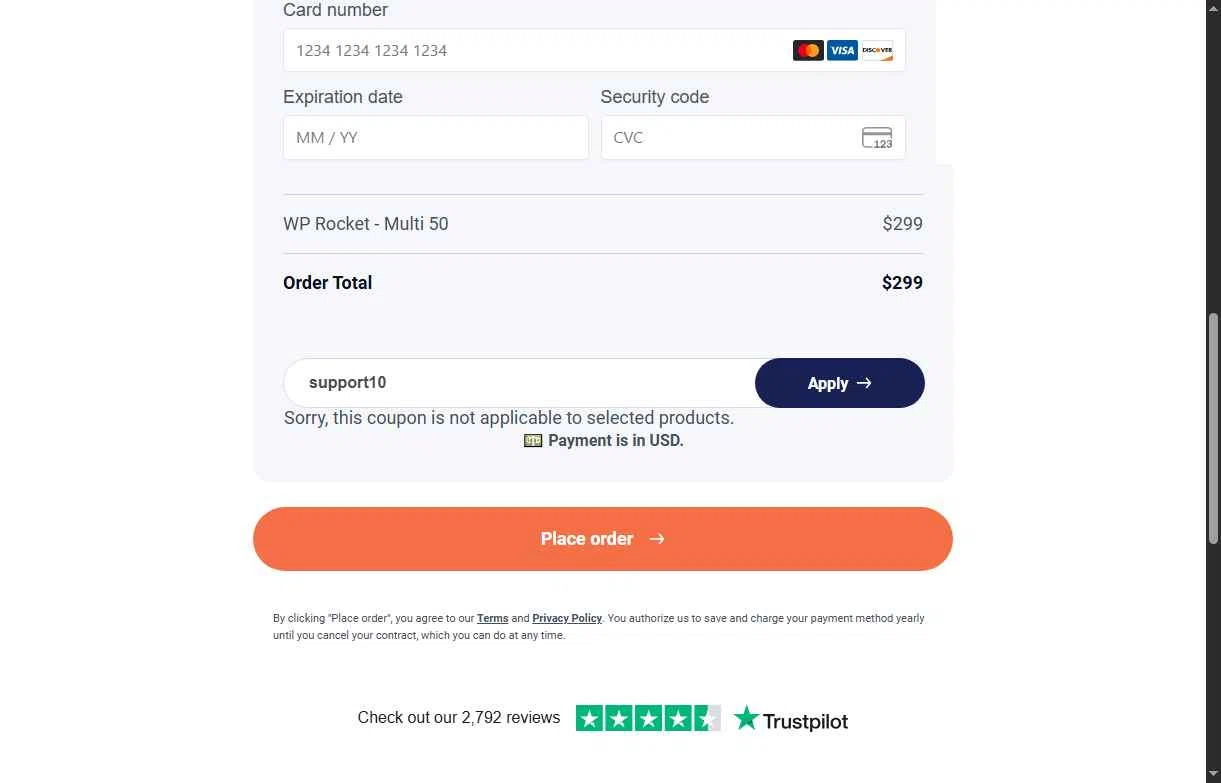 WP Rocket checkout page showing WP Rocket coupon code box | Screenshot taken by SimplyCodes community member on Feb 4, 2026