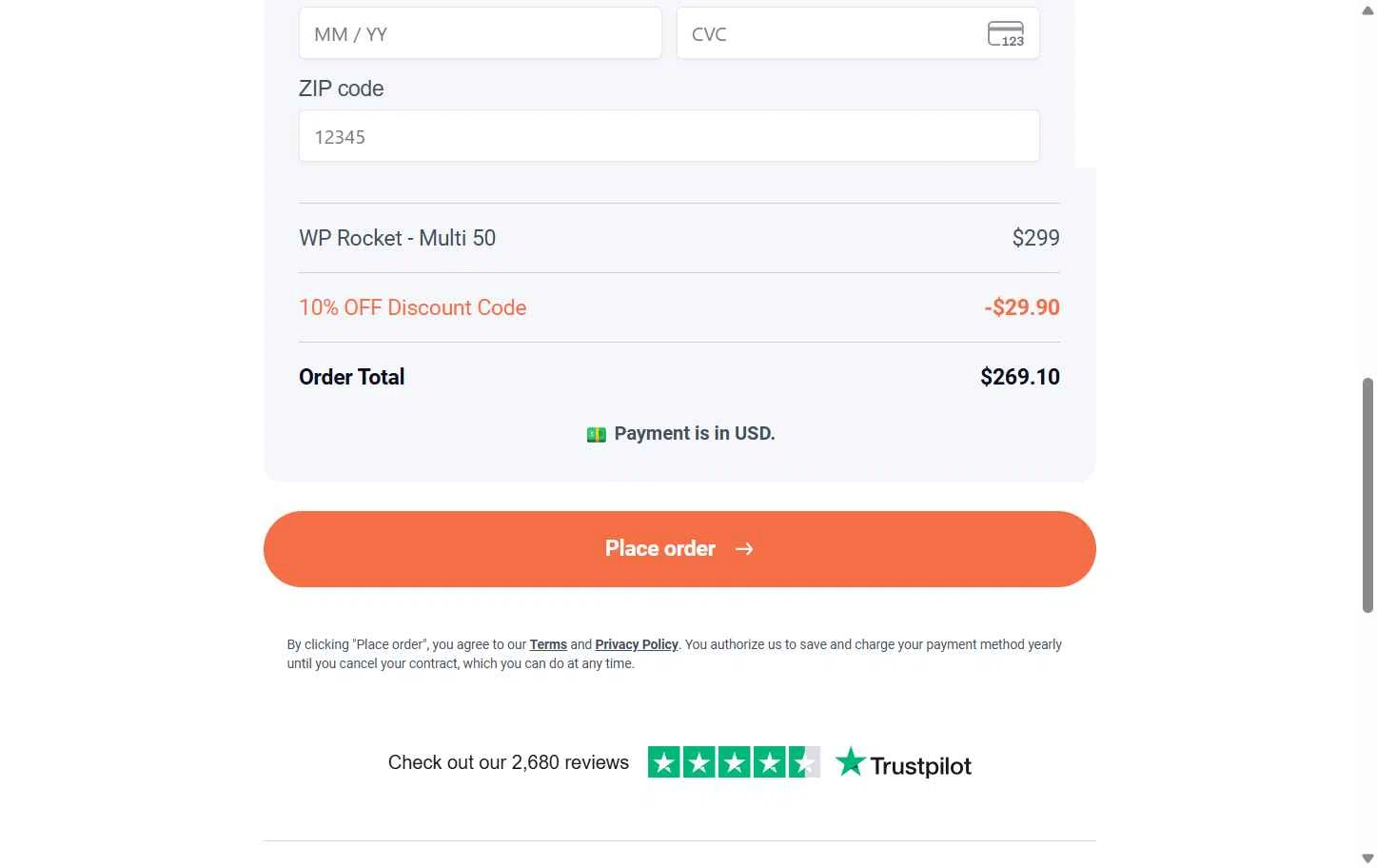 WP Rocket checkout page showing WP Rocket coupon code box | Screenshot taken by SimplyCodes community member on Oct 12, 2025