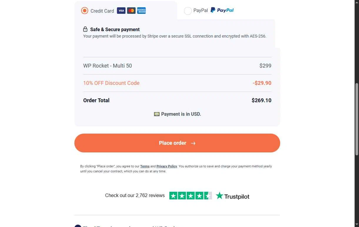 WP Rocket checkout page showing WP Rocket coupon code box | Screenshot taken by SimplyCodes community member on Jan 10, 2026