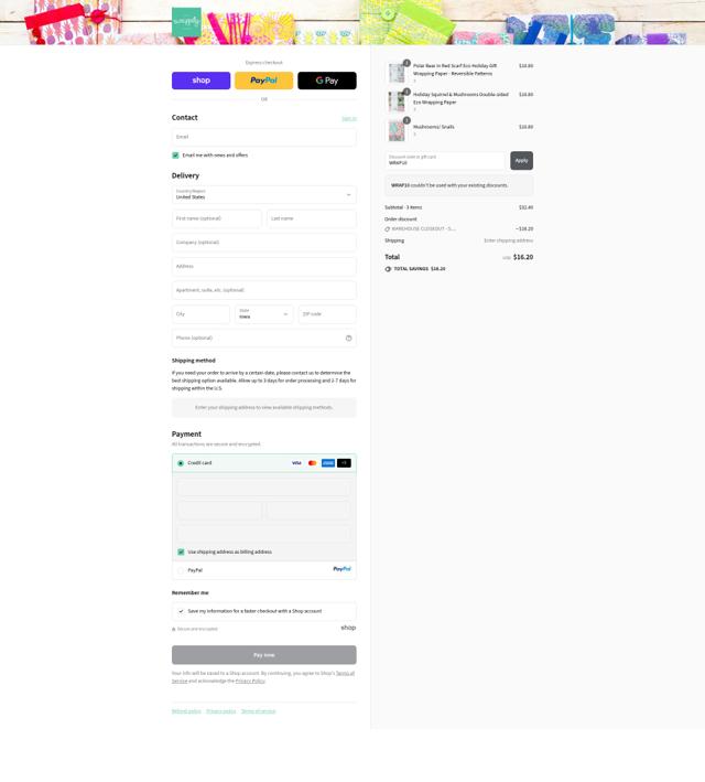 Wrappily checkout page showing Wrappily promo code box | Screenshot taken by SimplyCodes community member on Sep 17, 2025