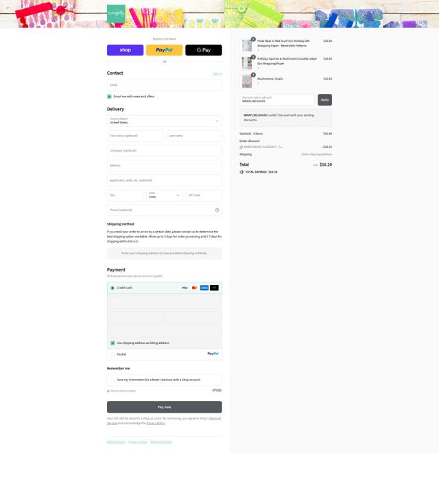 Wrappily checkout page showing Wrappily promo code box | Screenshot taken by SimplyCodes community member on Sep 17, 2025