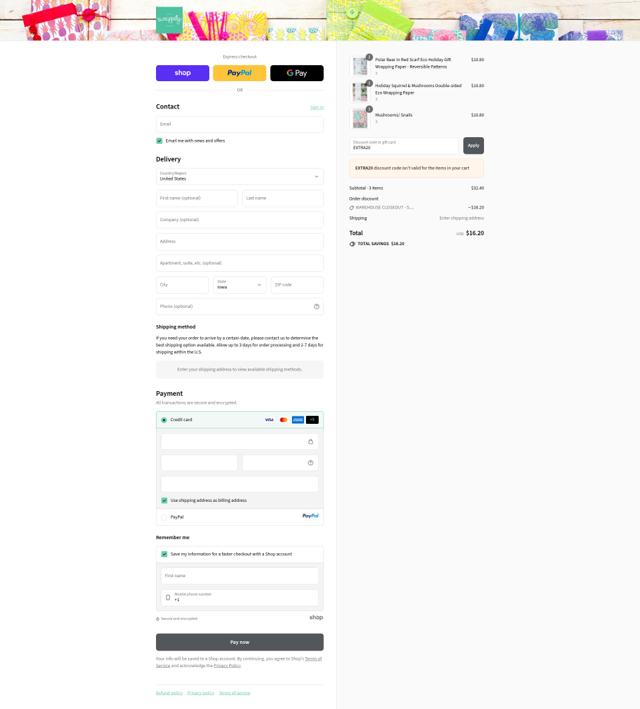 Wrappily checkout page showing Wrappily promo code box | Screenshot taken by SimplyCodes community member on Sep 17, 2025
