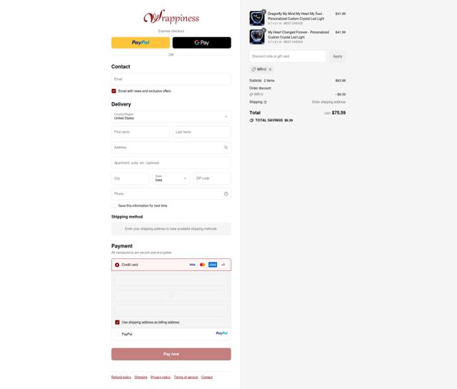 Wrappiness checkout page showing Wrappiness discount code box | Screenshot taken by SimplyCodes community member on Sep 10, 2025