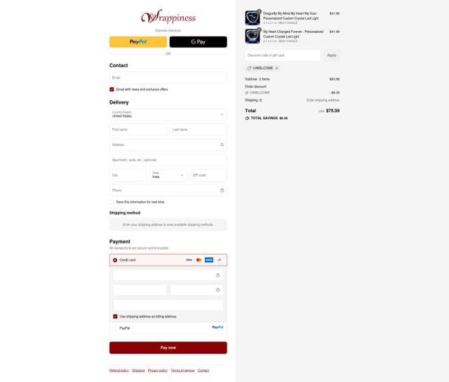 Wrappiness checkout page showing Wrappiness discount code box | Screenshot taken by SimplyCodes community member on Sep 10, 2025