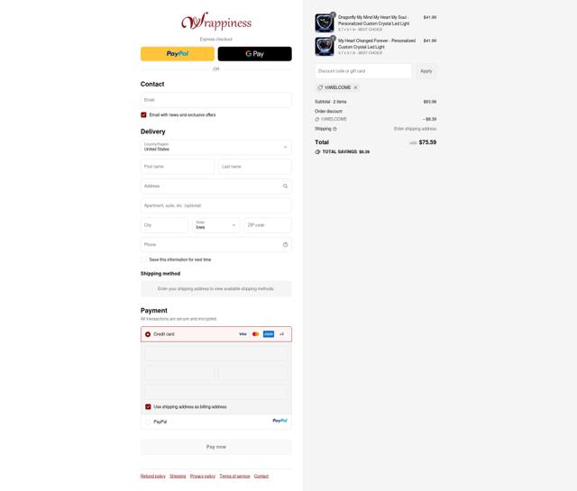 Wrappiness checkout page showing Wrappiness discount code box | Screenshot taken by SimplyCodes community member on Sep 15, 2025