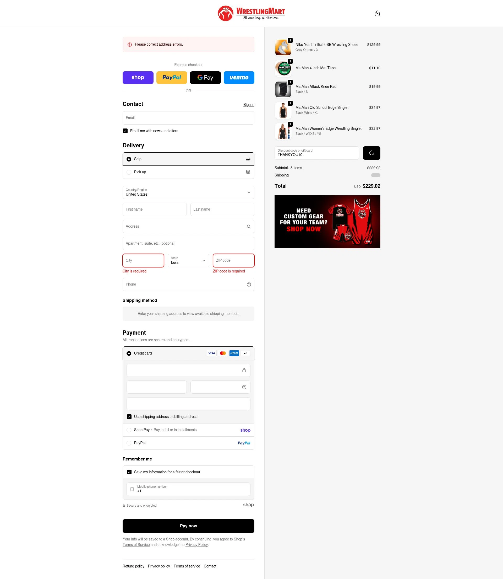 WrestlingMart checkout page showing WrestlingMart discount code box | Screenshot taken by SimplyCodes community member on Jan 30, 2026
