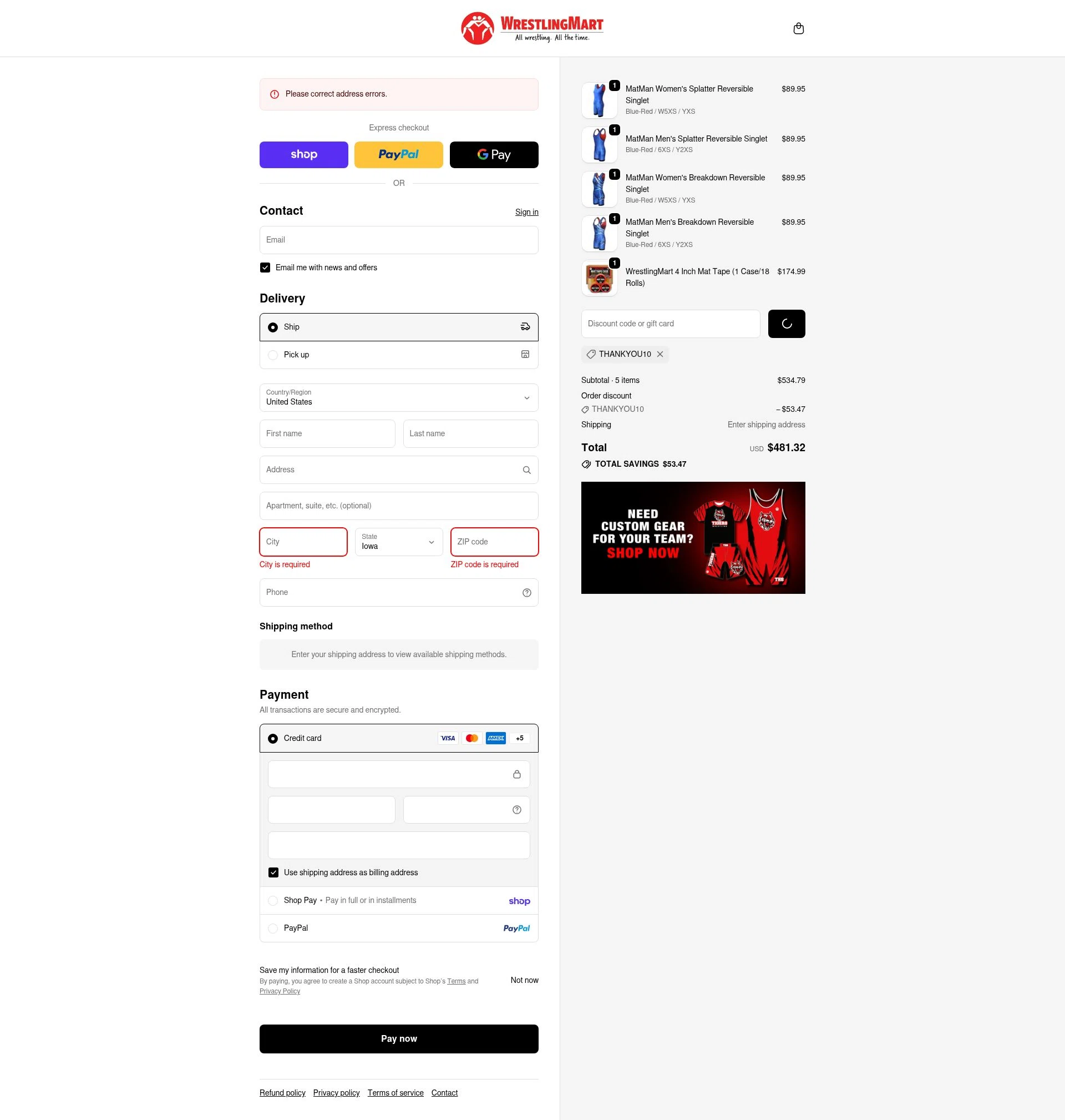 WrestlingMart checkout page showing WrestlingMart discount code box | Screenshot taken by SimplyCodes community member on Feb 16, 2026