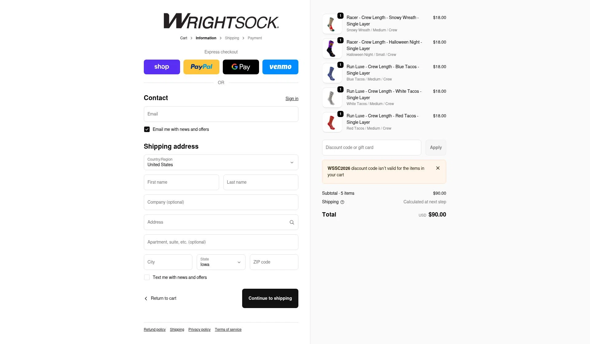 Wrightsock checkout page showing Wrightsock discount code box | Screenshot taken by SimplyCodes community member on Feb 12, 2026