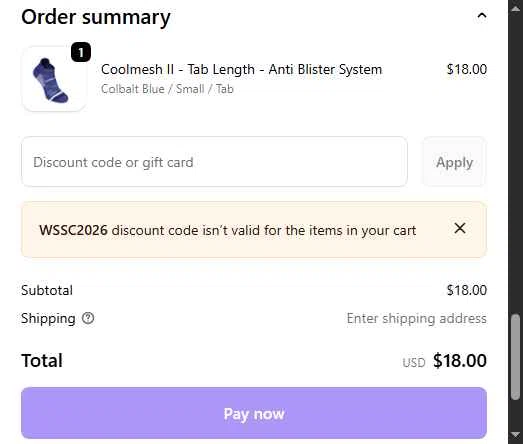 Wrightsock checkout page showing Wrightsock discount code box | Screenshot taken by SimplyCodes community member on Feb 21, 2026
