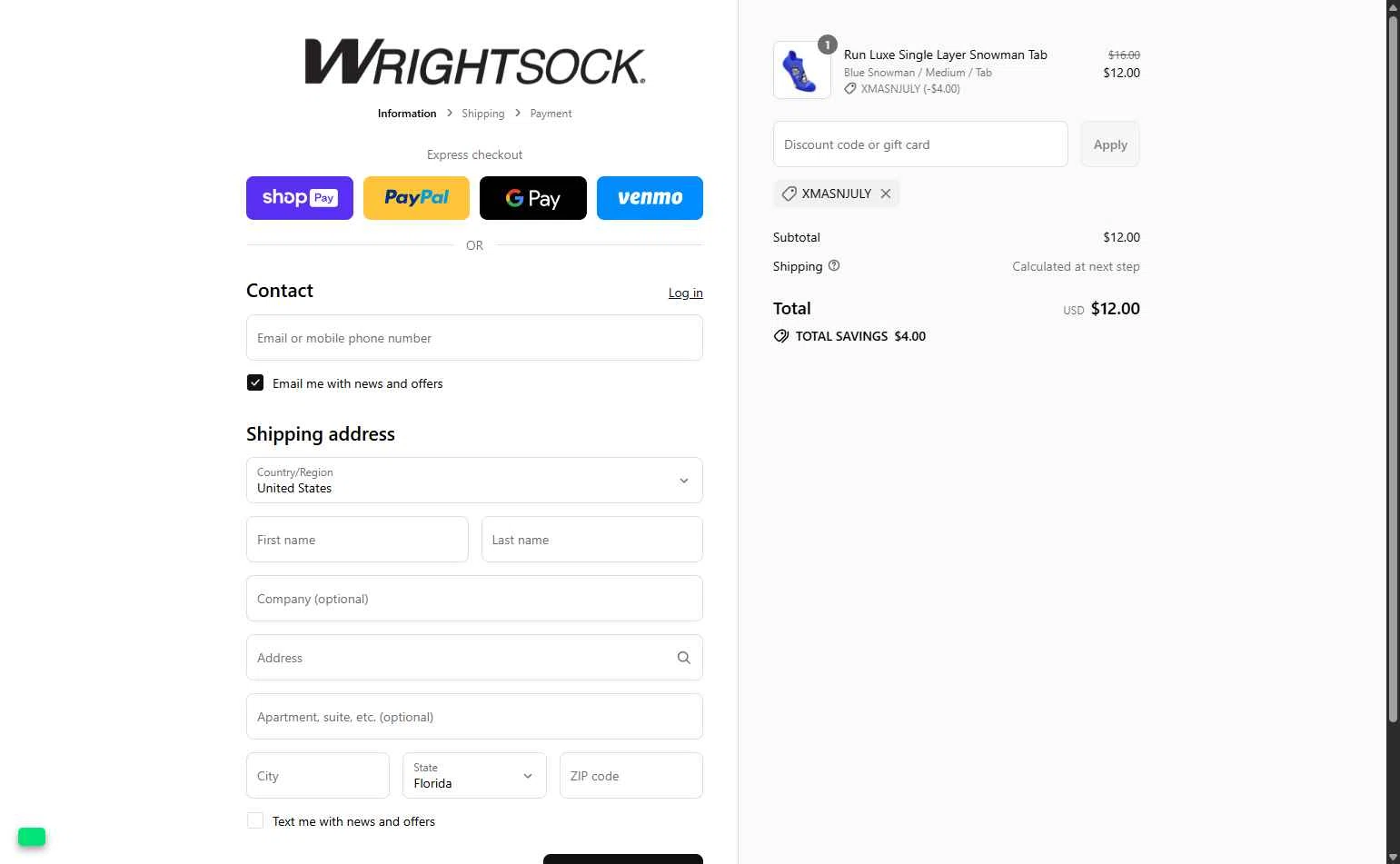 Wrightsock checkout page showing Wrightsock discount code box | Screenshot taken by SimplyCodes community member on Jul 24, 2025