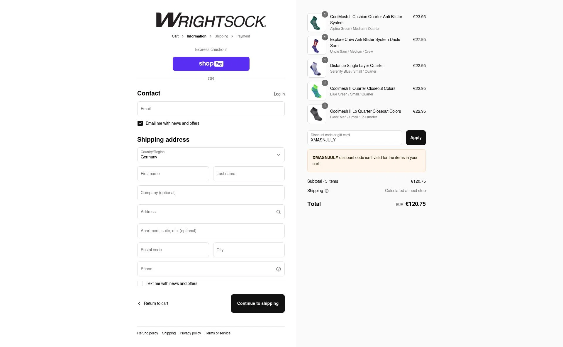 Wrightsock checkout page showing Wrightsock discount code box | Screenshot taken by SimplyCodes community member on Jul 31, 2025