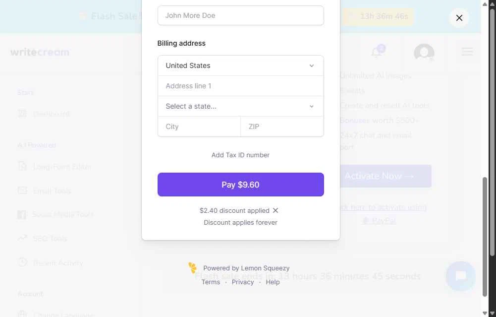 Writecream checkout page showing Writecream promo code box | Screenshot taken by SimplyCodes community member on Jul 10, 2025