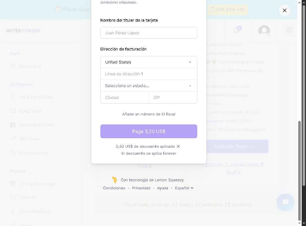 Writecream checkout page showing Writecream promo code box | Screenshot taken by SimplyCodes community member on Aug 11, 2025