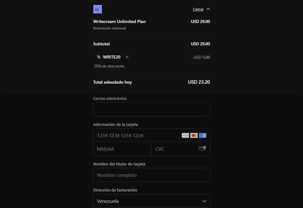 Writecream checkout page showing Writecream promo code box | Screenshot taken by SimplyCodes community member on Apr 28, 2025