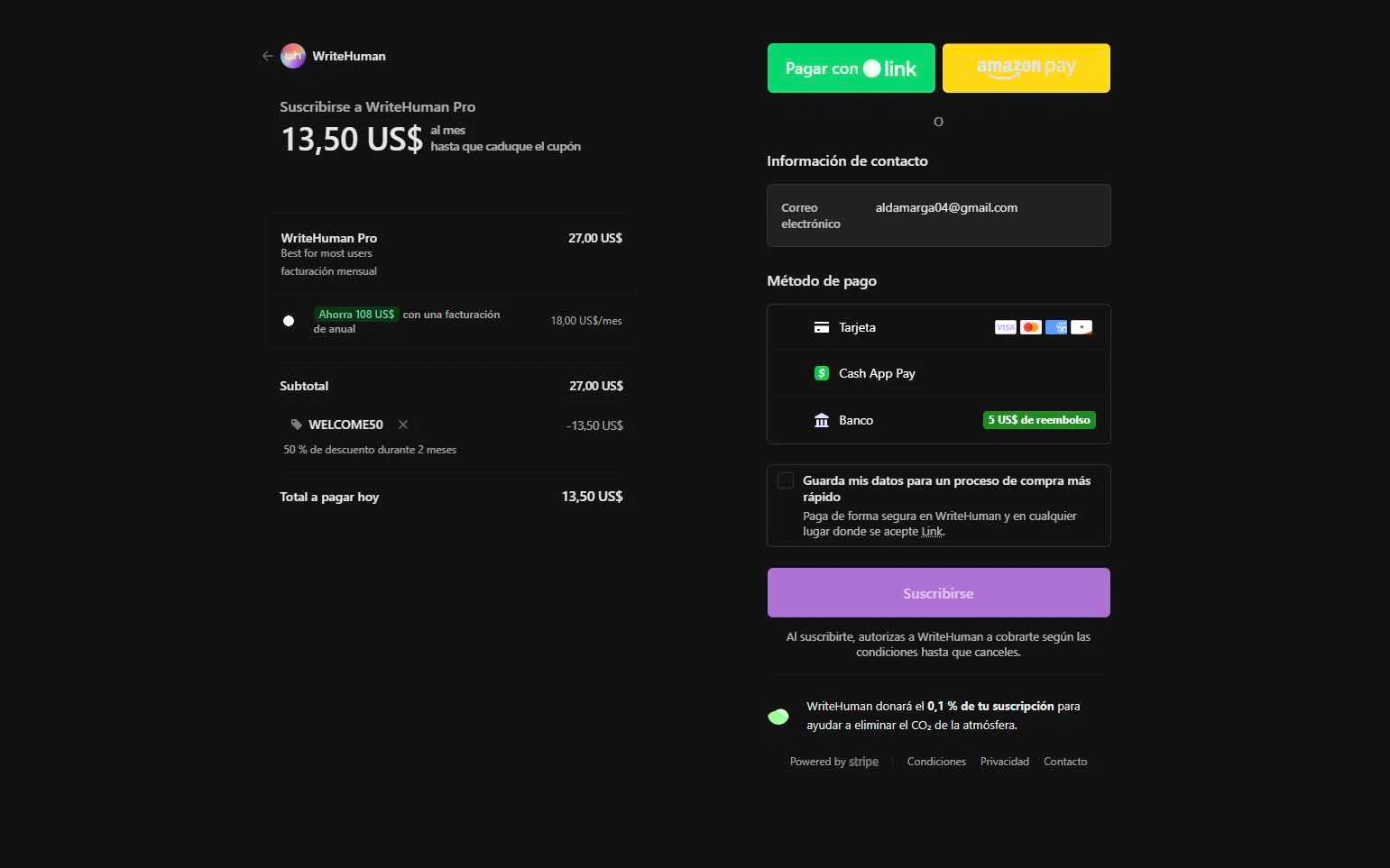 WriteHuman checkout page showing WriteHuman promo code box | Screenshot taken by SimplyCodes community member on Jan 29, 2026