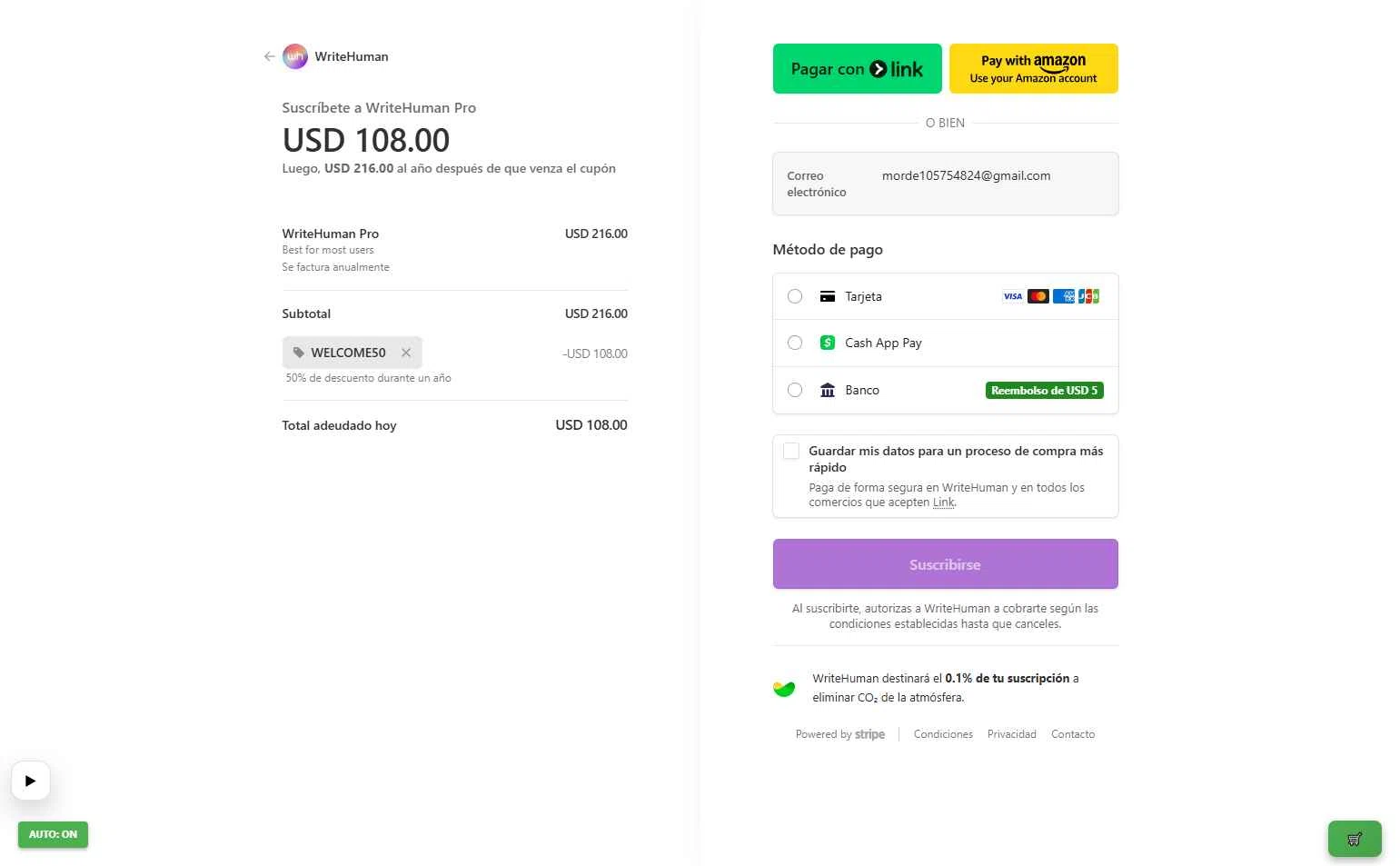 WriteHuman checkout page showing WriteHuman promo code box | Screenshot taken by SimplyCodes community member on Jan 8, 2026