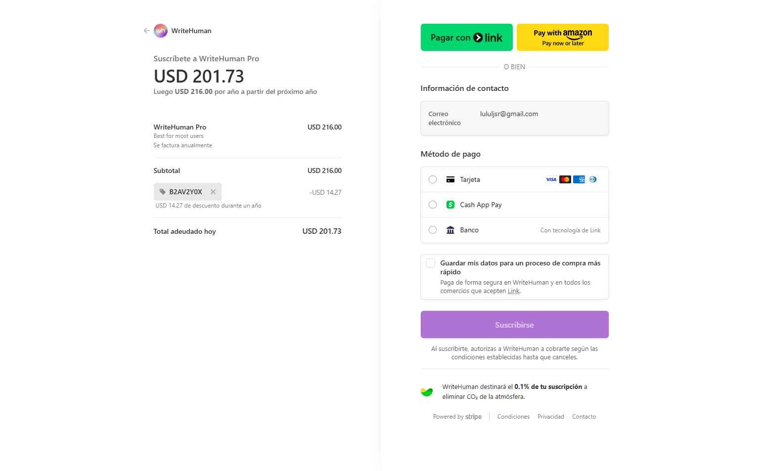 WriteHuman checkout page showing WriteHuman promo code box | Screenshot taken by SimplyCodes community member on Jan 15, 2026