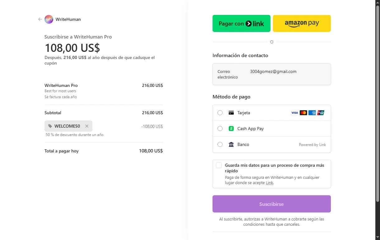 WriteHuman checkout page showing WriteHuman promo code box | Screenshot taken by SimplyCodes community member on Jan 18, 2026