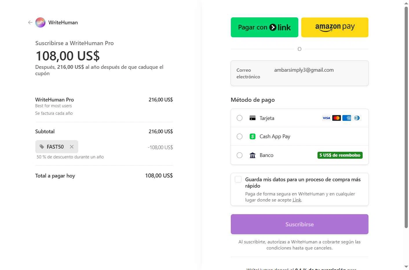 WriteHuman checkout page showing WriteHuman promo code box | Screenshot taken by SimplyCodes community member on Dec 19, 2025