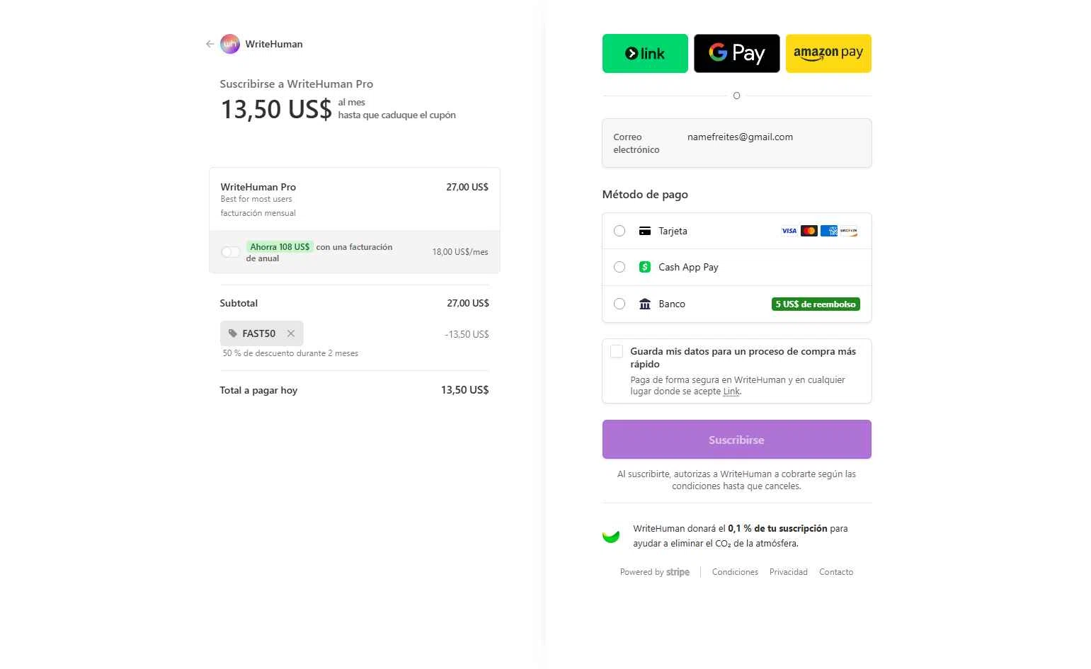 WriteHuman checkout page showing WriteHuman promo code box | Screenshot taken by SimplyCodes community member on Jan 5, 2026