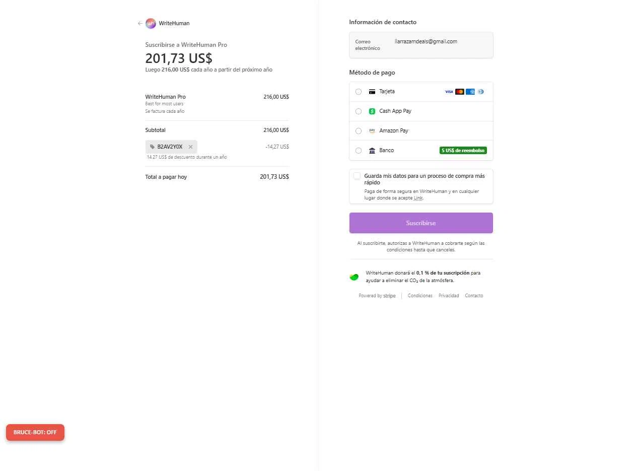 WriteHuman checkout page showing WriteHuman promo code box | Screenshot taken by SimplyCodes community member on Dec 17, 2025