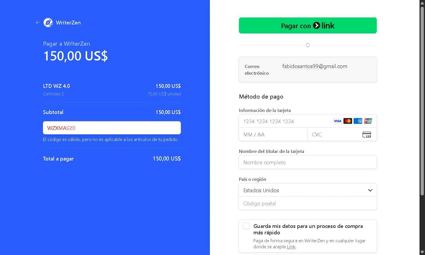 WriterZEN checkout page showing WriterZEN promo code box | Screenshot taken by SimplyCodes community member on Sep 21, 2025