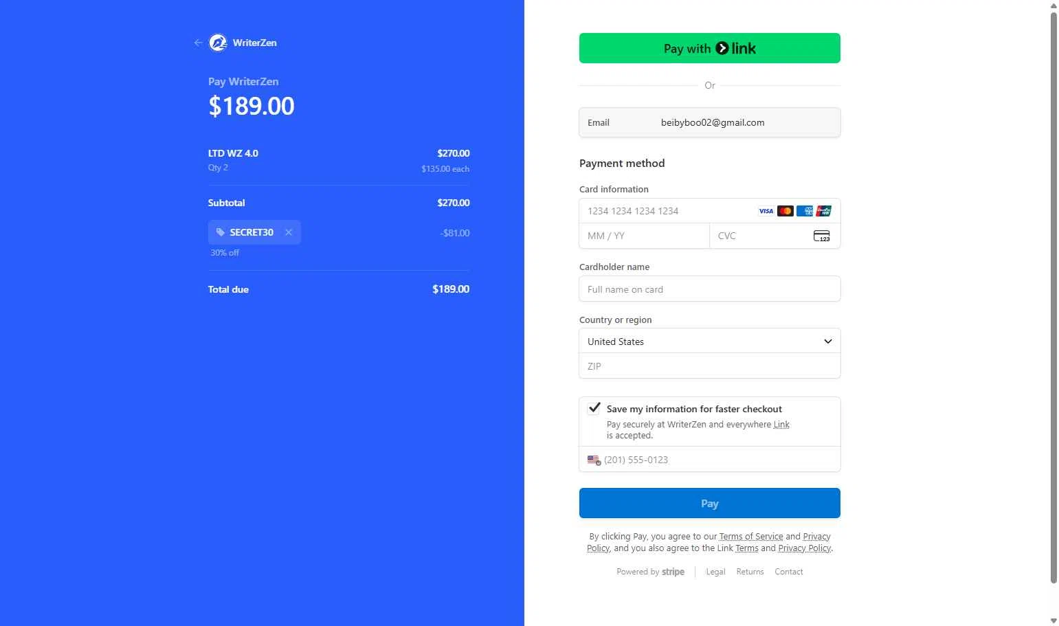 WriterZEN checkout page showing WriterZEN promo code box | Screenshot taken by SimplyCodes community member on Aug 25, 2025