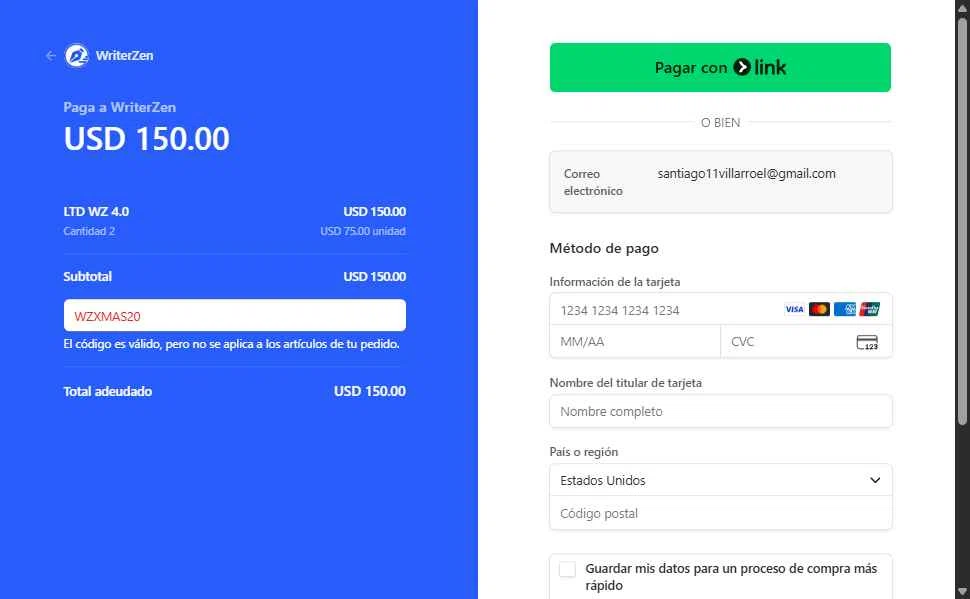 WriterZEN checkout page showing WriterZEN promo code box | Screenshot taken by SimplyCodes community member on Nov 18, 2025