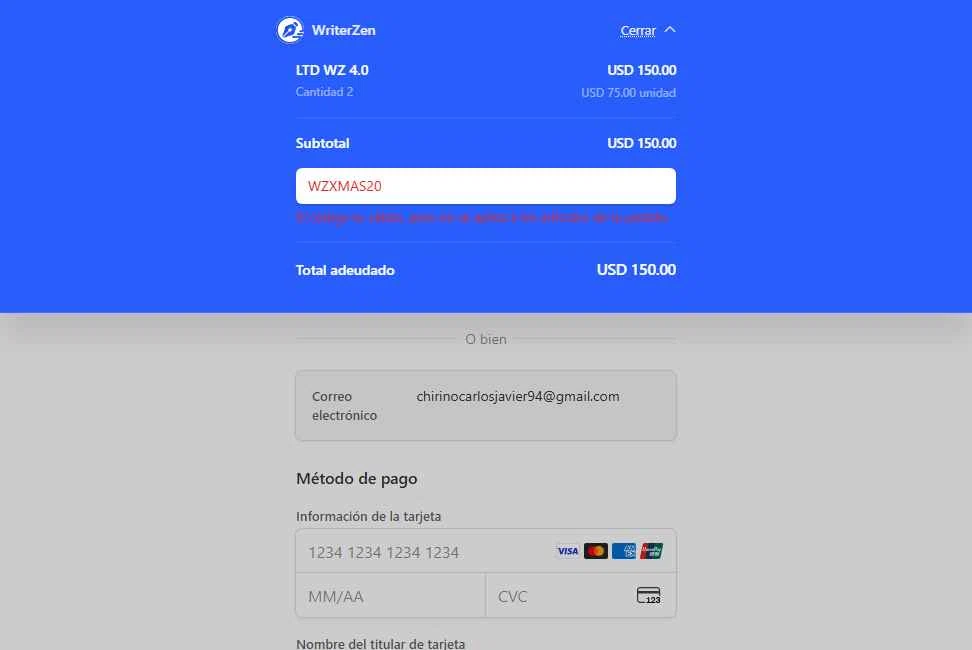 WriterZEN checkout page showing WriterZEN promo code box | Screenshot taken by SimplyCodes community member on Oct 20, 2025