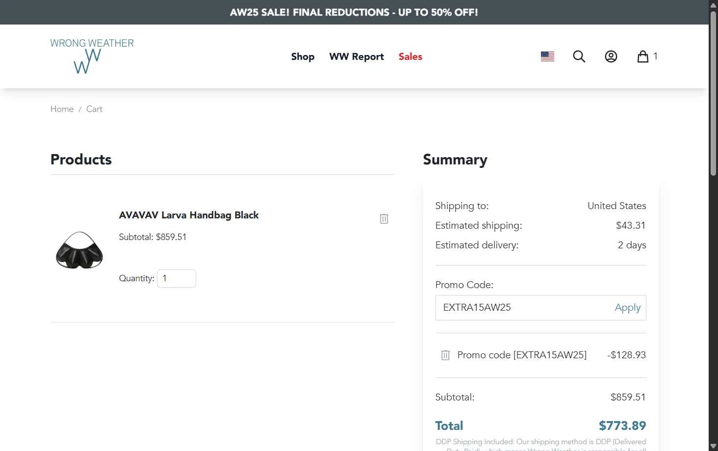 Wrong Weather checkout page showing Wrong Weather promo code box | Screenshot taken by SimplyCodes community member on Jan 23, 2026
