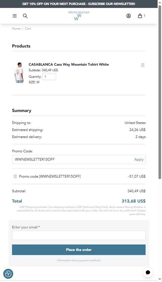 Wrong Weather checkout page showing Wrong Weather promo code box | Screenshot taken by SimplyCodes community member on Oct 15, 2025