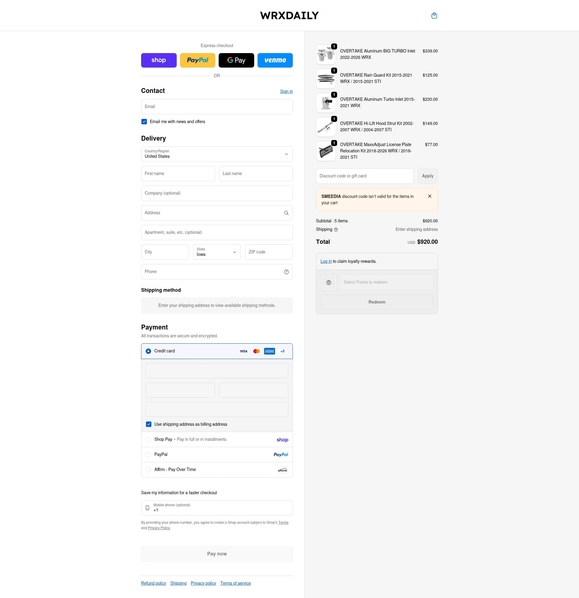 WRXDaily checkout page showing WRXDaily discount code box | Screenshot taken by SimplyCodes community member on Feb 22, 2026