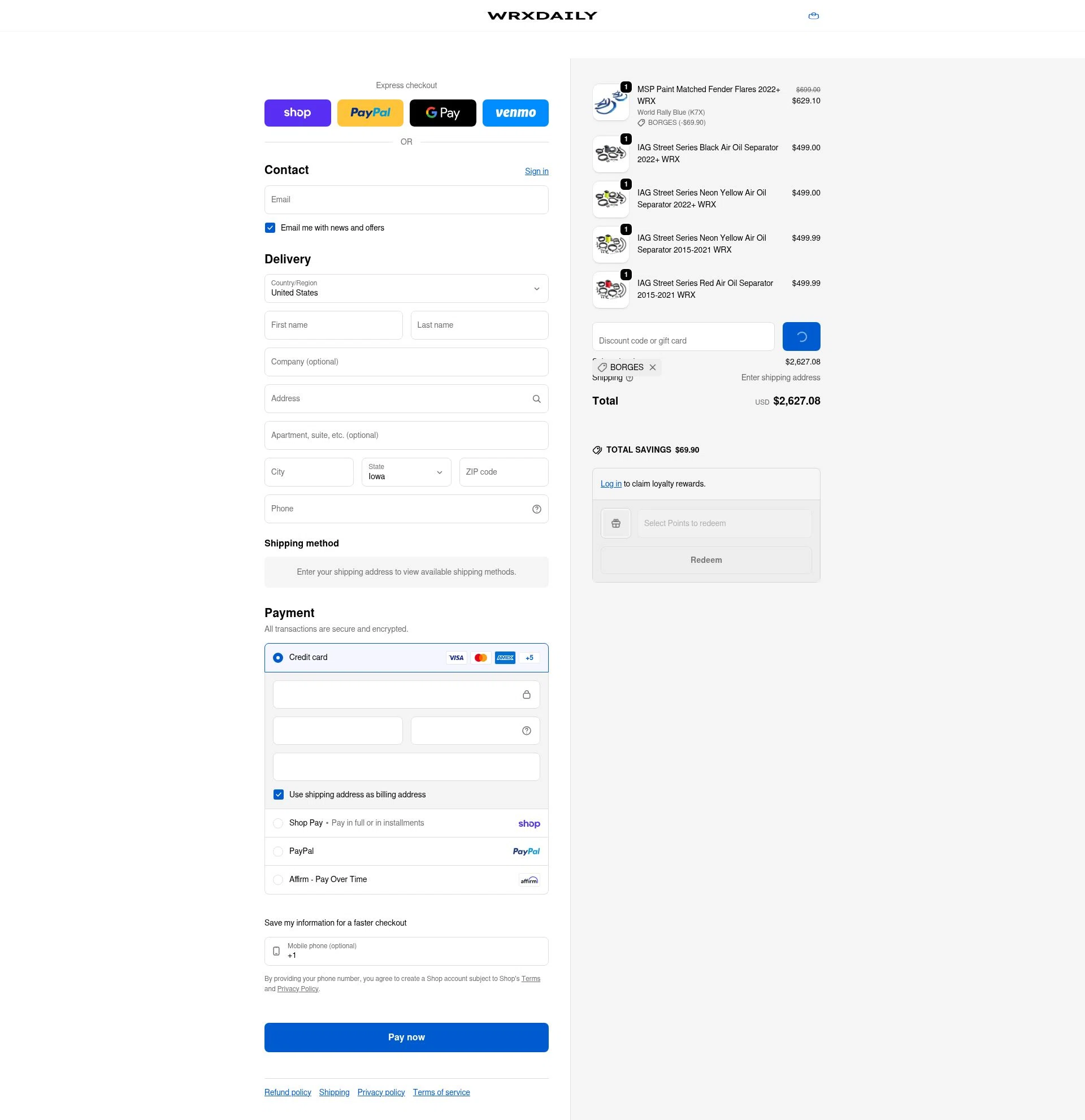 WRXDaily checkout page showing WRXDaily discount code box | Screenshot taken by SimplyCodes community member on Feb 13, 2026