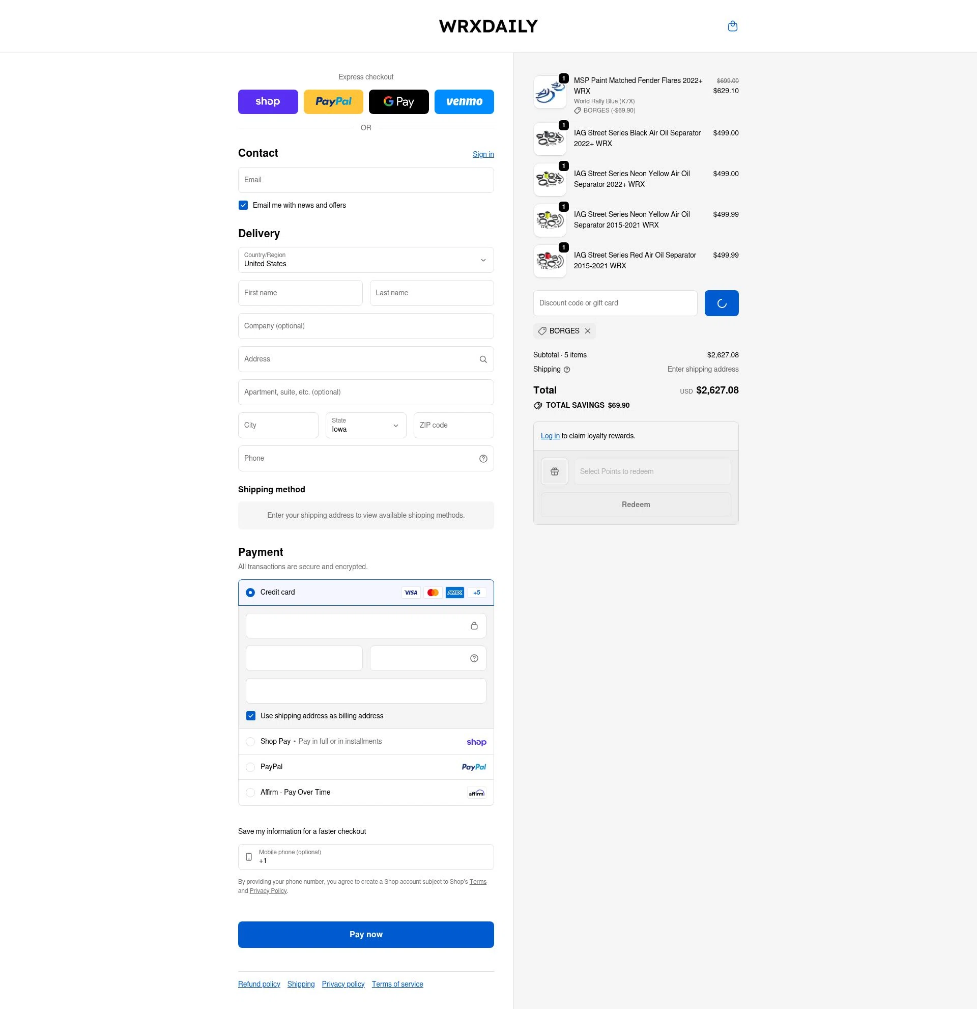 WRXDaily checkout page showing WRXDaily discount code box | Screenshot taken by SimplyCodes community member on Feb 18, 2026