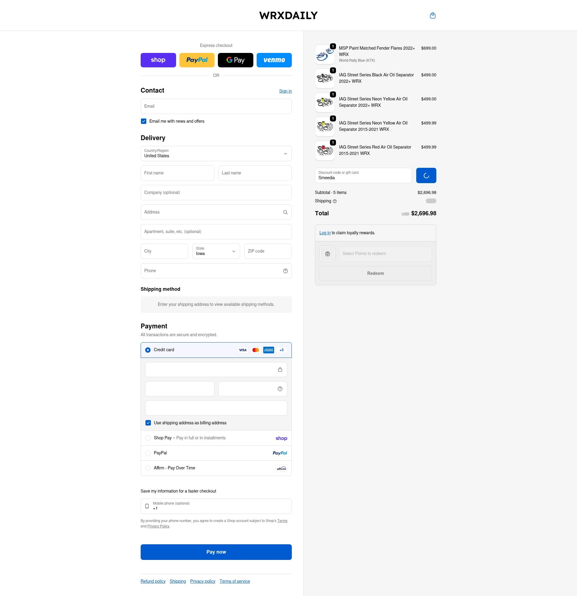 WRXDaily checkout page showing WRXDaily discount code box | Screenshot taken by SimplyCodes community member on Feb 13, 2026