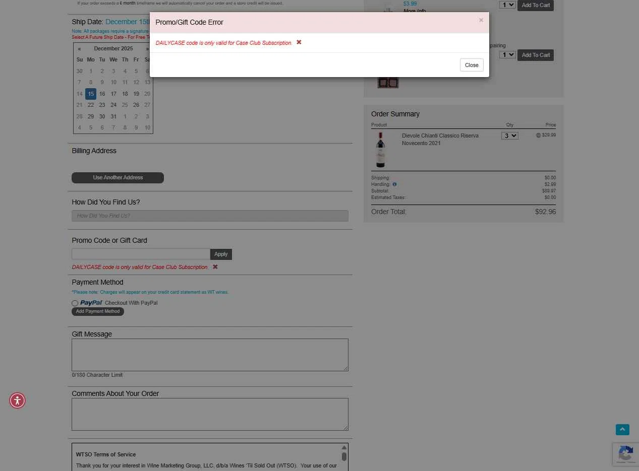 Wtso.com checkout page showing Wtso.com promo code box | Screenshot taken by SimplyCodes community member on Dec 14, 2025