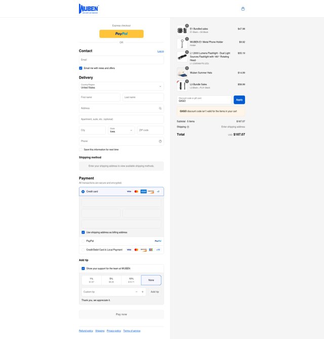 Wuben Light checkout page showing Wuben Light discount code box | Screenshot taken by SimplyCodes community member on Sep 7, 2025