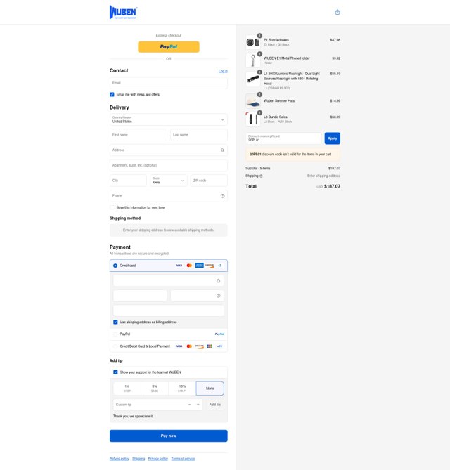 Wuben Light checkout page showing Wuben Light discount code box | Screenshot taken by SimplyCodes community member on Sep 7, 2025