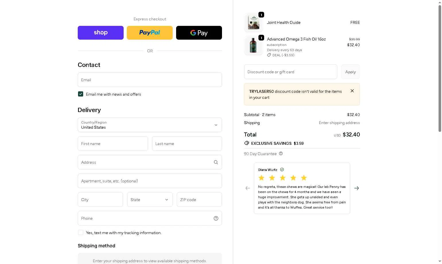 Wuffes checkout page showing Wuffes discount code box | Screenshot taken by SimplyCodes community member on Dec 27, 2025